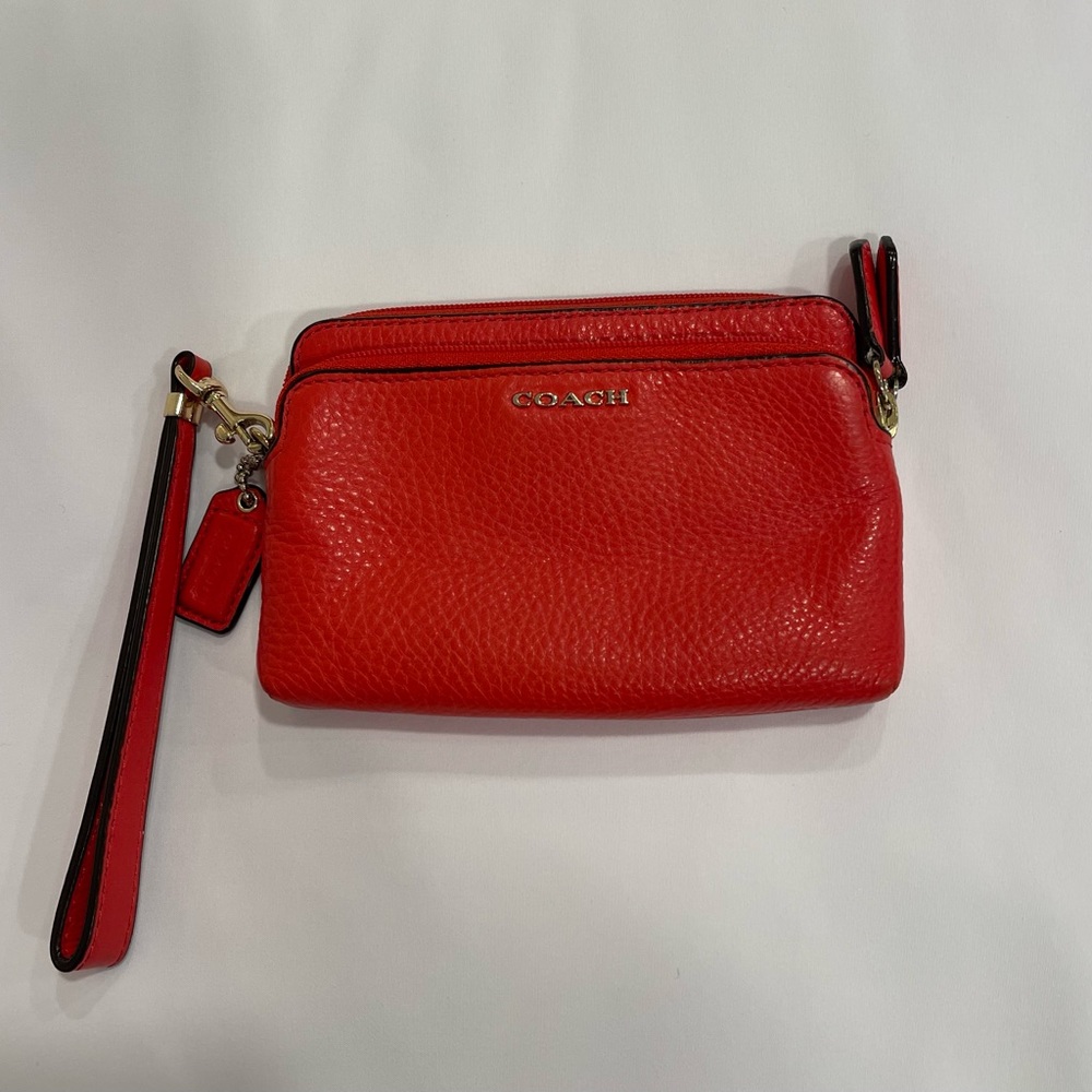 Coach Bright Red Pebbled Leather Small Top Zip Wristlet  Wallet